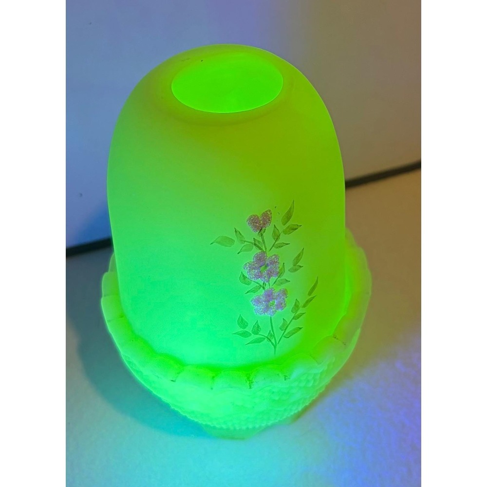 Fenton Custard Uranium Glass Fairy Lamp Hand Painted Floral Votive Candle Holder
